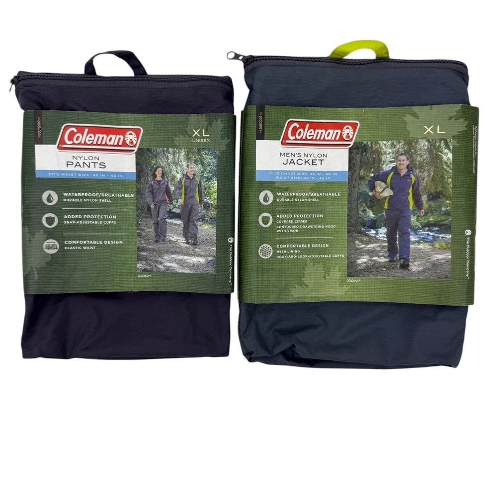 Coleman Men XL Rain Suit Waterproof Breathable Nylon Jacket and Pants Grey Lime